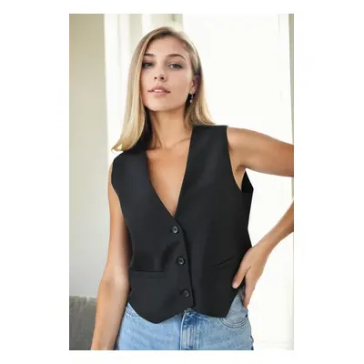 90619 Dewberry Pocket Detailed Button Lined Women Vest-BLACK