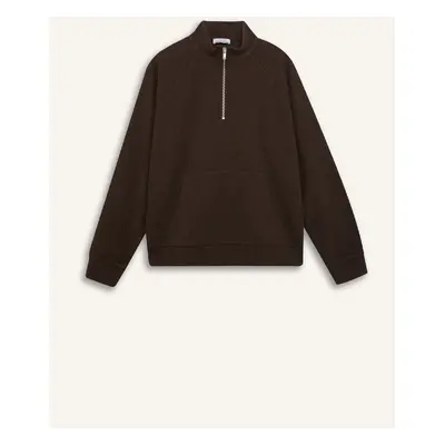 DEFACTO Oversize Wide Cut Basic Plain Kangaroo Pocket Zippered Polo Neck Sweatshir