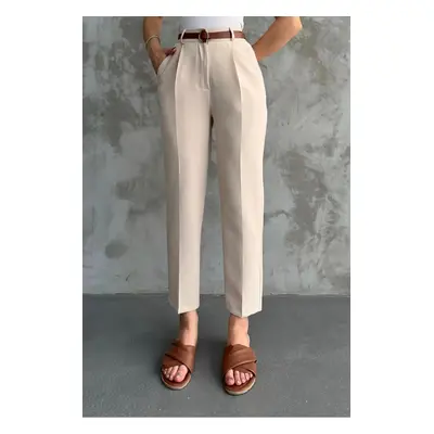 67537 Dewberry Skinny Leg Belted Women Trousers-CREAM