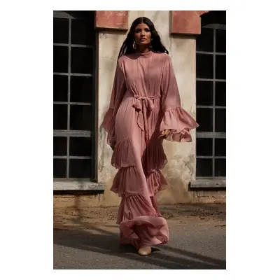 Trendyol X AI Pink Ruffle Belted Evening Dress