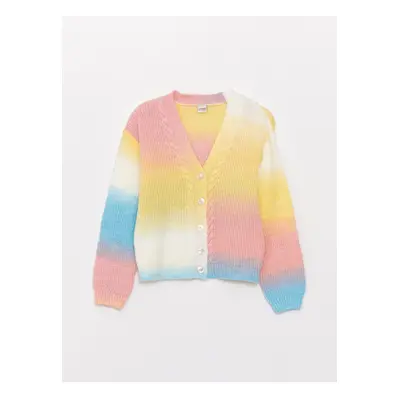 LC Waikiki Girls' V-Neck Color Block Long Sleeve Knitwear Cardigan