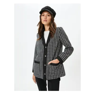 Koton Tweed Jacket with Pockets V-Neck Buttons