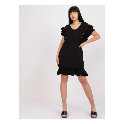 Black cotton casual dress with ruffle