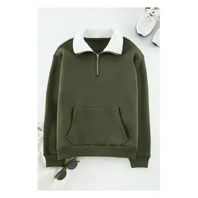 Trendyol Khaki Oversize/Wide Cut Stand Collar Zippered Polar Fleece Inside/Warm Sweatshirt