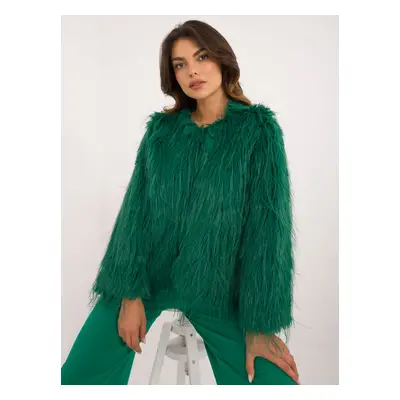 Green women's fur jacket with hook and loop fastening