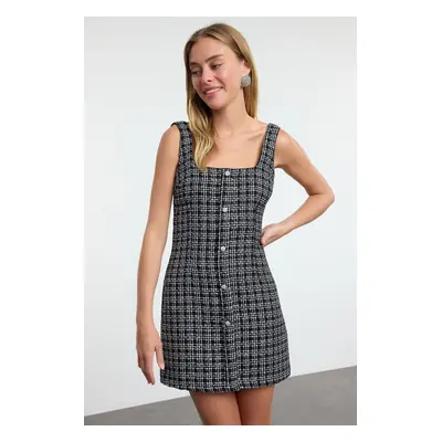 Trendyol Black Stone Accessory Glittery Tweed Woven Short Dress