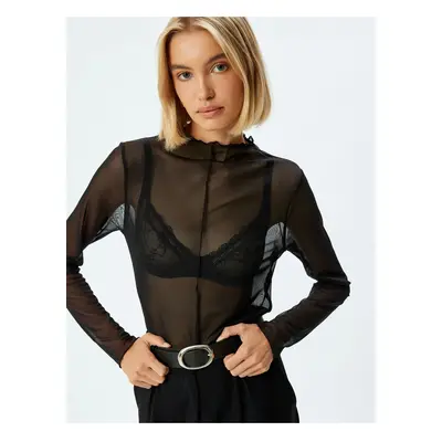 Koton Transparent Tulle T-Shirt Stand Collar Long Sleeve