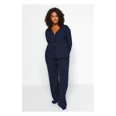 Trendyol Curve Navy Blue Ribbed Knitted Top-Upper Set