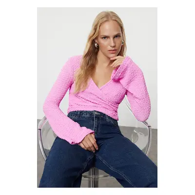 Trendyol Pink Premium Textured Fabric Double Breasted Neck Regular/Normal Fit Crop Knitted Blous