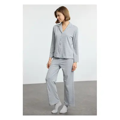 Trendyol Gray Melange Striped Soft Touch Piping Viscose Knitted Pajama Set