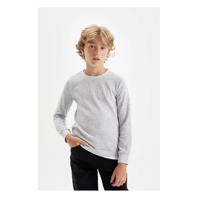 DEFACTO Boy's Crew Neck Basic Plain Waffle Long Sleeve T-Shirt