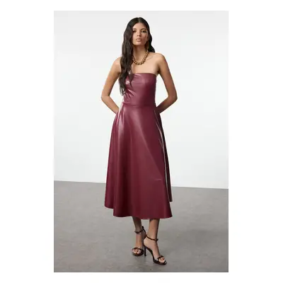 Trendyol Burgundy Faux Leather A-Line Strapless Knitted Dress