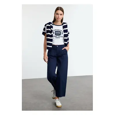 Trendyol Navy Blue High Waist Pleated Denim Barrel Trousers