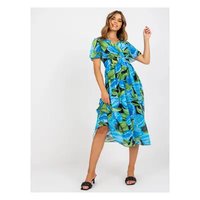 Blue and black patterned midi dress with belt