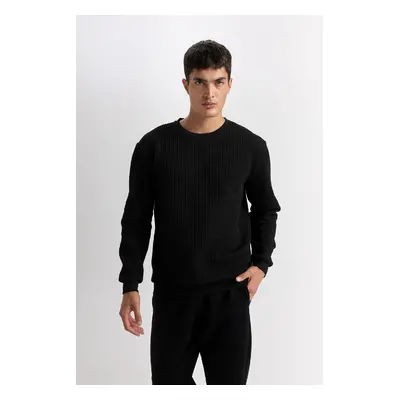 DEFACTO Men's Black Regular Fit Crew Neck Jacquard Sweatshirt