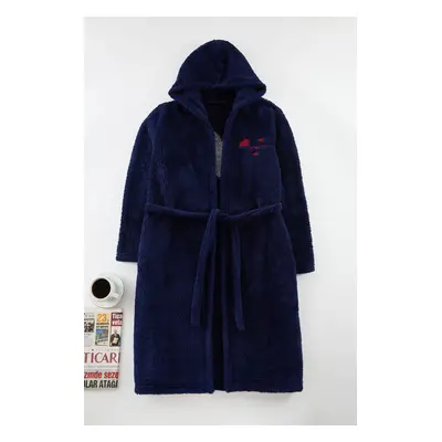 Trendyol Navy Blue Belted Heart and Slogan Embroidered Hooded Wellsoft Winter Knitted Dressing G