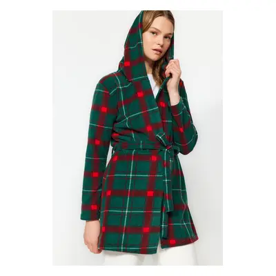 Trendyol Green Plaid Patterned Hooded Polar Fleece Winter Knitted Dressing Gown