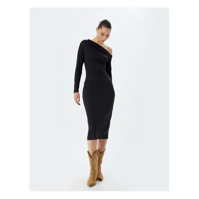 Koton Midi Dress Asymmetrical Neck Draped Slim Fit Long Sleeve