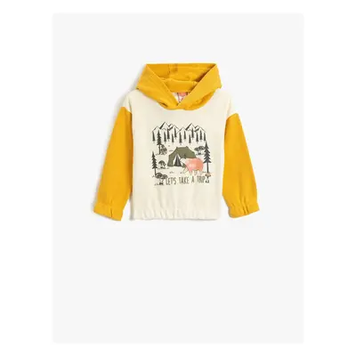 Koton Teddy Bear Printed Hooded Sweat with Color Contrast Cuffs and Elastic Waist