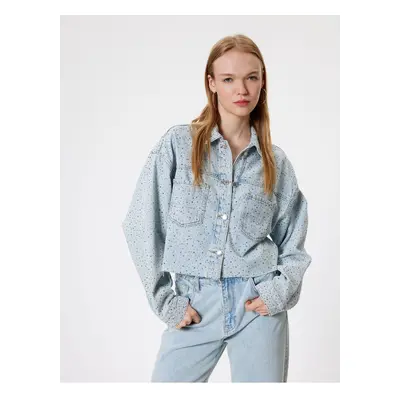 Koton Crop Denim Jacket Stone Detailed Classic Collar Buttoned Pocket