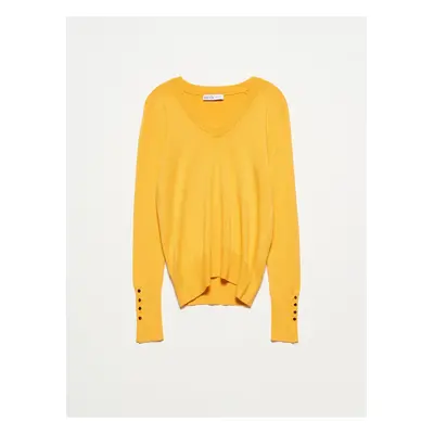 Dilvin V-Neck Sleeve Cuff Drop Sweater-mustard