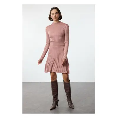 Trendyol Dusty Rose Mini Knitwear Frilled Stand Collar Dress