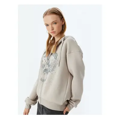 Koton Oversize Zippered Sweatshirt Hooded Pocket Detail Printed