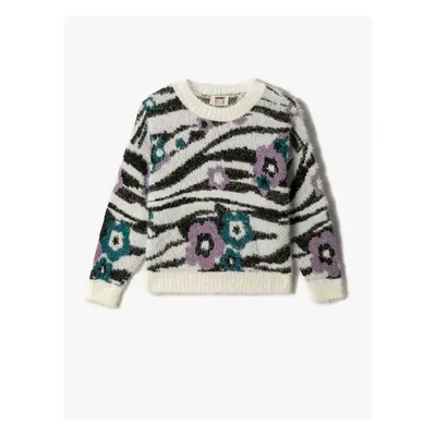 Koton Zebra Patterned Floral Plush Sweater Long Sleeve Crew Neck