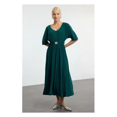 Trendyol Emerald Green Skater Belted Three Quarter Sleeve Maxi Stretch Knit Dress