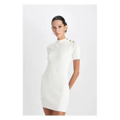 DEFACTO Fitted Half Turtleneck Basic Plain Button Ribbed White Mini Dress