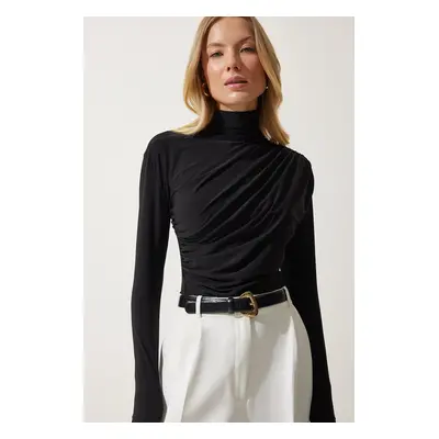 Happiness İstanbul Women's Black Gathered Detailed High Neck Sandy Blouse