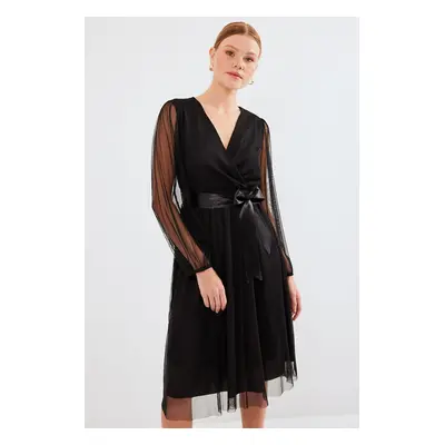 Bigdart Double Breasted Neck Tulle Dress - Black