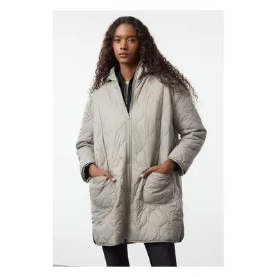 Trendyol Grey Oversize Pattern Hooded Quilted Coat