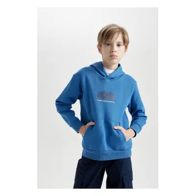 DEFACTO Boy's Blue Regular Fit Hooded Back Printed Thick Sweatshirt