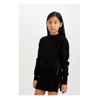 DEFACTO Girl Black Regular Fit Crew Neck Side Slit Knitwear Sweater