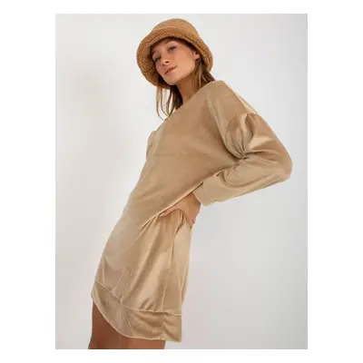 Beige loose velour dress with neckline