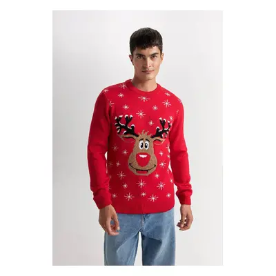 DEFACTO Red Standard Fit Crew Neck Christmas Themed Knit Sweater