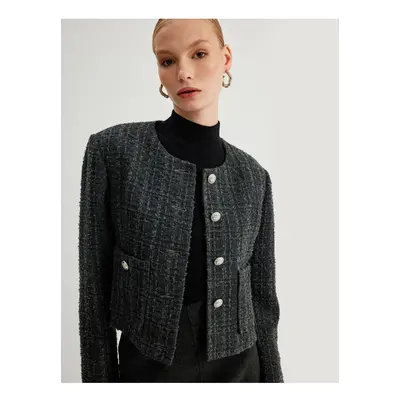 Koton Tweed Jacket Round Neck Buttoned Pocket