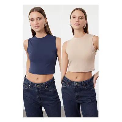 Trendyol Mink-Indigo Pack Sleeveless Crop Cotton Stretchy Knitted Undershirt