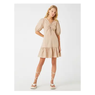 Koton Balloon Sleeve Dress Gathered V-Neck