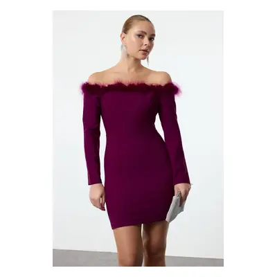 Trendyol Plum Body-Sit Carmen Collar Otrish Detailed Woven Short Elegant Evening Dress