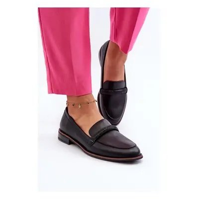 Women's leather loafers with decorative belt, black saosin