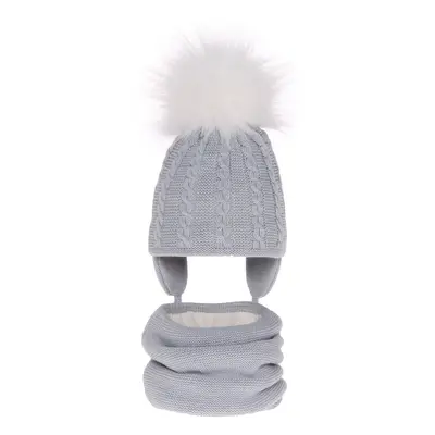 AGBO Girl's winter set: hat and tube scarf grey Klementin with pompom