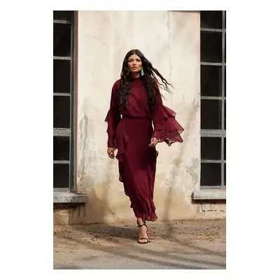 Trendyol X Artificial Intelligence Burgundy Ruffle Sleeve Chiffon Tunic