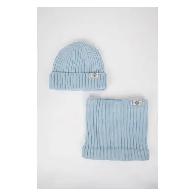 DEFACTO Baby Boy Label Printed Fleece Lined Neck Warmer Beanie 2-Piece Set