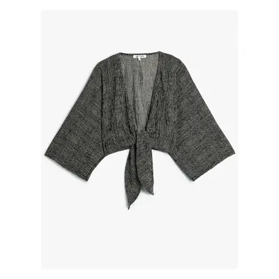 Koton Crop Cardigan with Wrap Tie Detail V-Neck Bat Sleeve