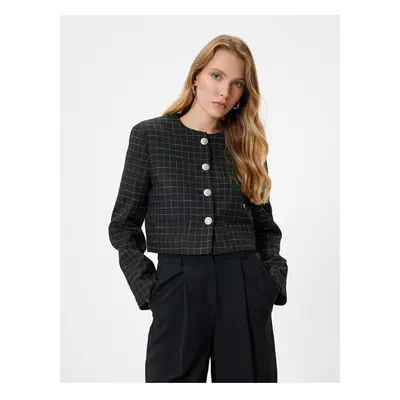 Koton Crop Jacket Collarless Round Neck Buttoned Long Sleeves