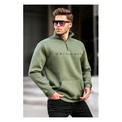 Madmext Khaki Zipper Collar Embroidered Sweatshirt