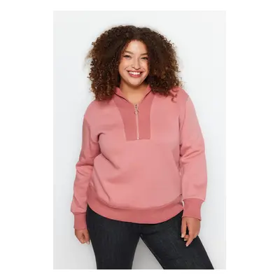 Trendyol Curve Pale Pink Thick Fleece Inside Zipper Detailed Knitted Sweatshirt