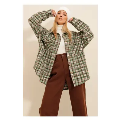 Trend Alaçatı Stili Women's Green Beige Checked Stamped Cotton Oversized Jacket Shirt